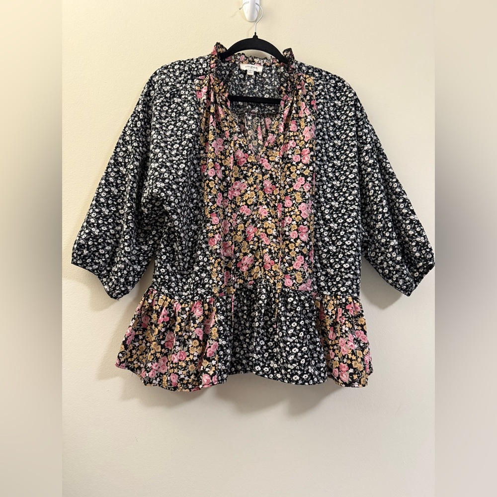 UMGEE Mixed Floral Pattern Balloon‎ Sleeve Loose Peplum Top - M